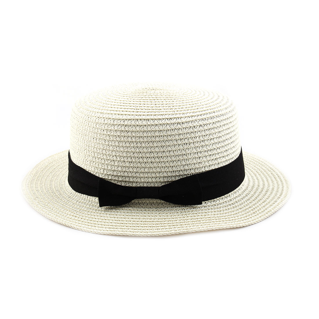 Woman Ribbon Decor Wide Brim Braided Summer Travel Beach Straw Cap Sun Hat Off White