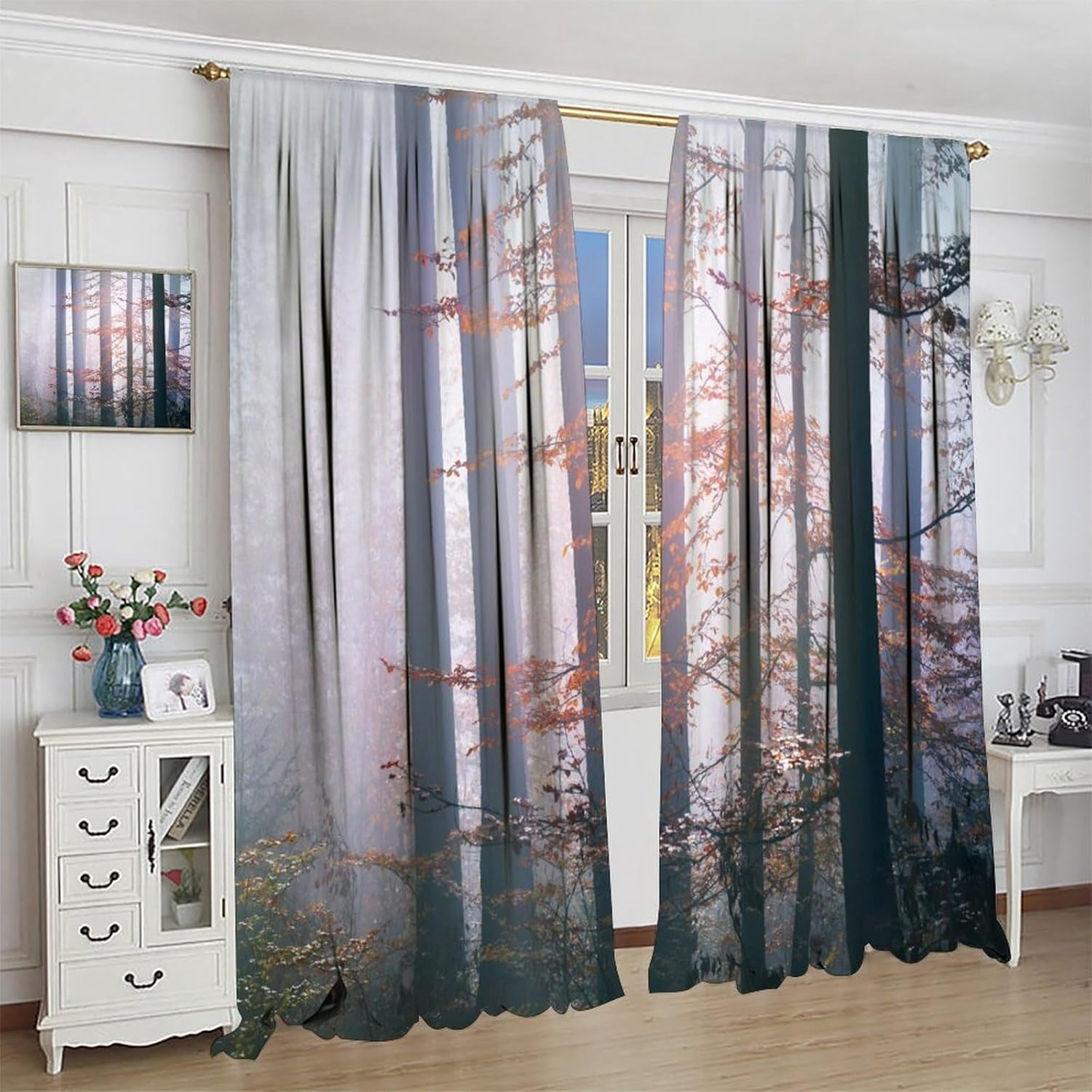 Natural Scenery Curtains, Misty Forest Red Maple Grass Jungle Pattern Print Window Decoration for Bedroom Living Room Thermal Insulation Curtains 42x54 Inches