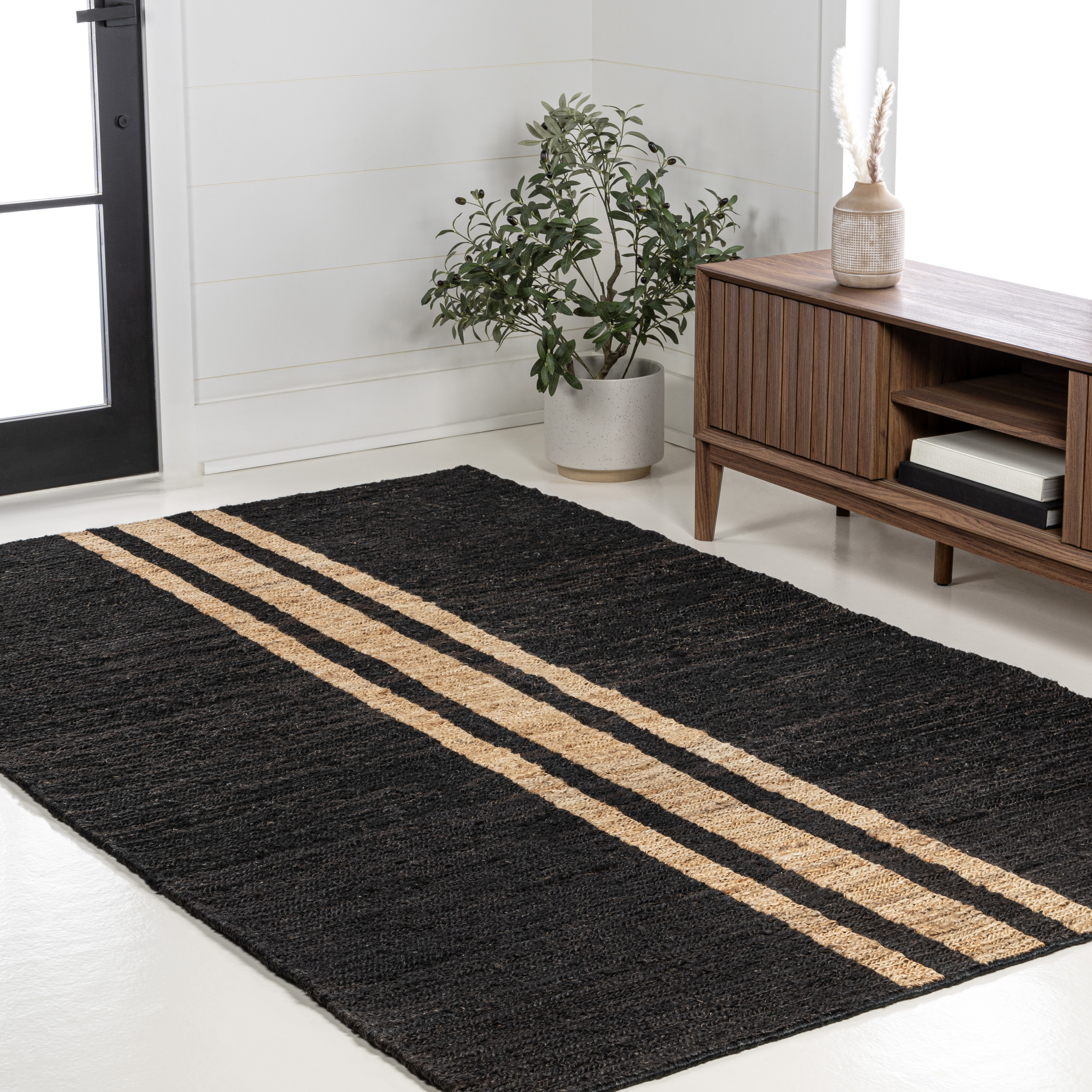 JONATHAN Y NATURAL FIBER 5 x 8 Area Rug, Olivier Rustic Farmhouse Stripe Jute - Black/Natural, NRF200B-5