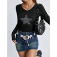 thumbnail image 3 of Liacowi Women's Long Sleeve T-shirts Autumn Fitted Crop Tops Black Rhinestone Star Print T-shirts, 3 of 9