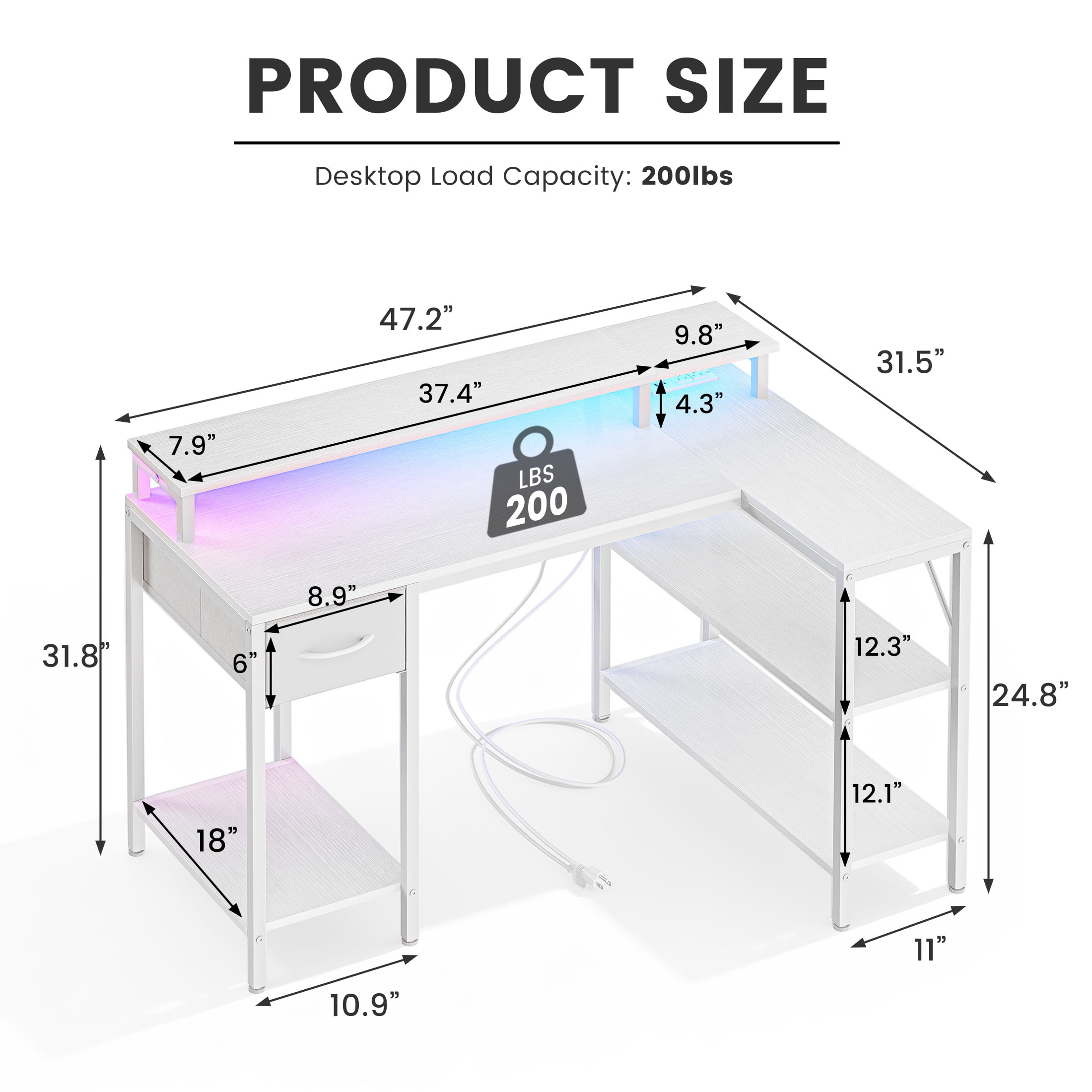 CONCETTA 47 inch L-Shaped Gaming Desk, Reversible Design with LED Lighting, Power Outlets and Double-Tier Storage, White for Home Office