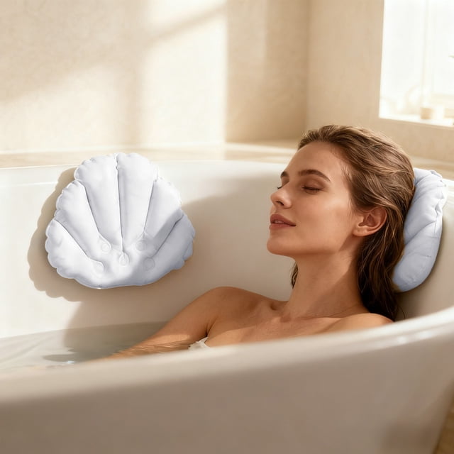 Pack of 2 inflatable Seashell Bathtub Pillow Soft Spa Headrest With 2 Strong Suction Cups Comfortable Bath Support White Blue Pinky