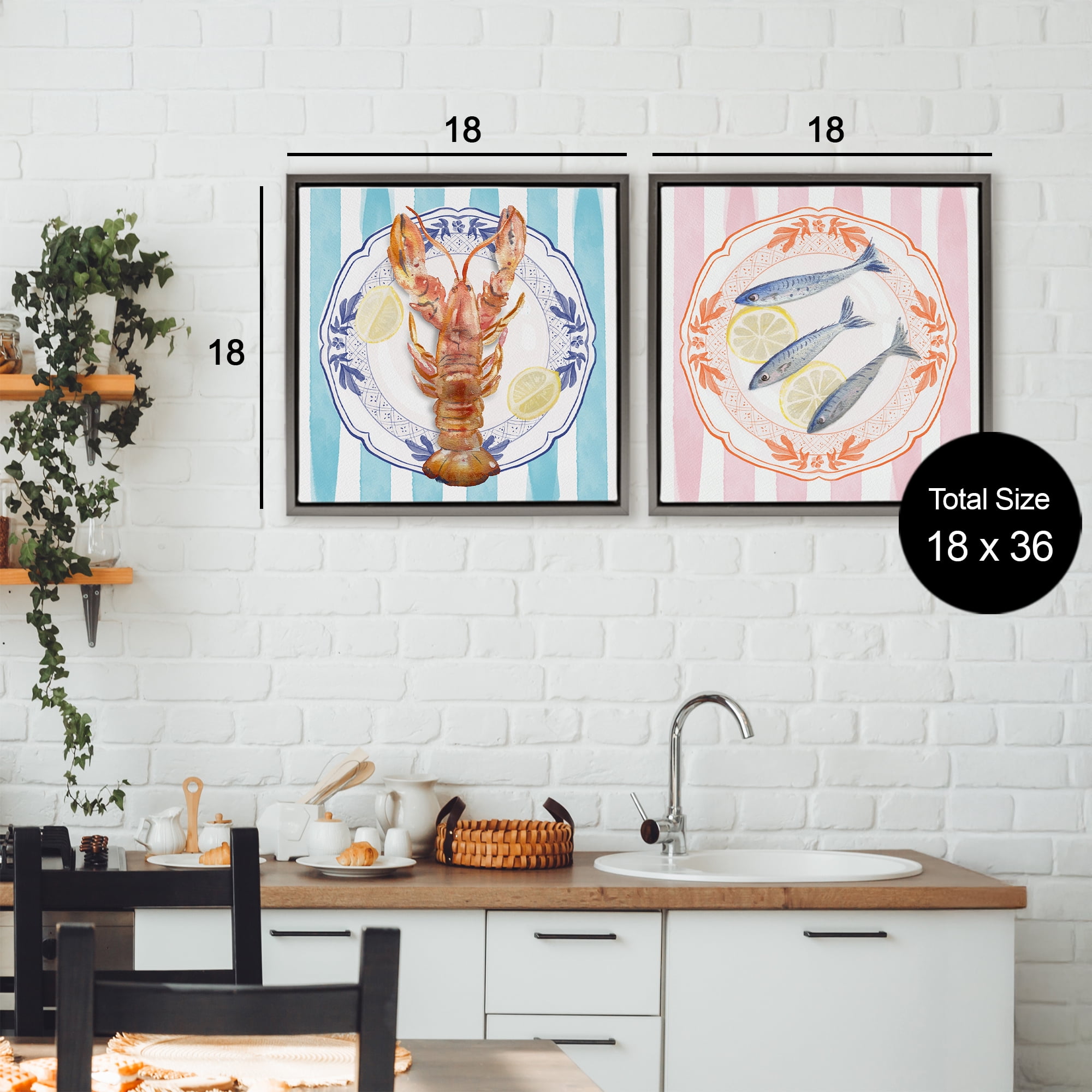 Stupell Industries Lobster & Sardines Plates 2 Piece Gray Framed Floater Canvas Set, design by Christie Adams