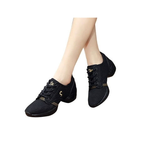 

UKAP Ladies Comfort Dance Shoes Walking Breathable Sneaker Modern Thick Soled Black Gold 5