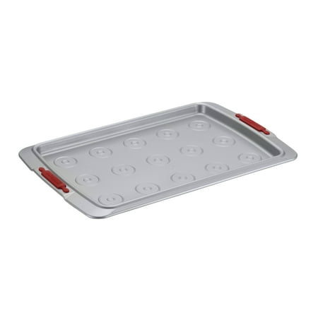 Cake Boss Deluxe Nonstick Bakeware 11-Inch x 17-Inch Cookie Pan with Drop Zones, Gray with Red Silicone Grips