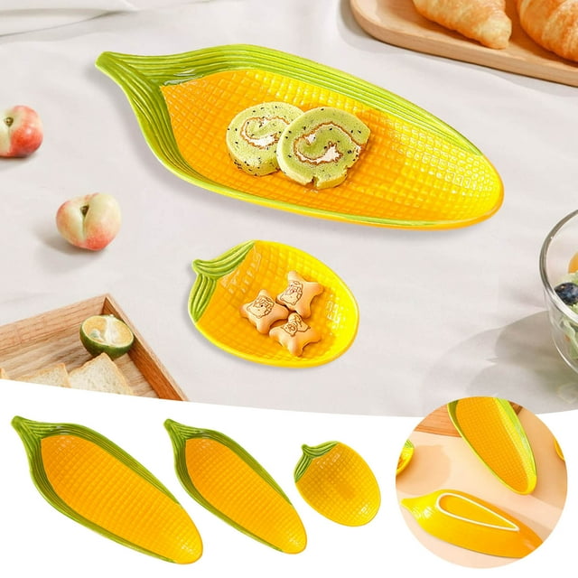 BKER Handpainted Ceramic Corn Cob Dishes Family Sized Plates Microwave Dishwasher Shape