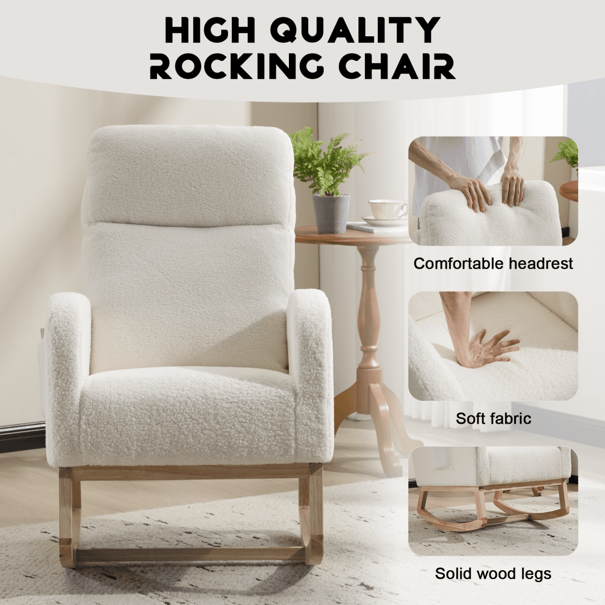 Modern Rocking Chair with High Backrest, Side Pocket, Upholstered Nursery Glider for Living Room, White
