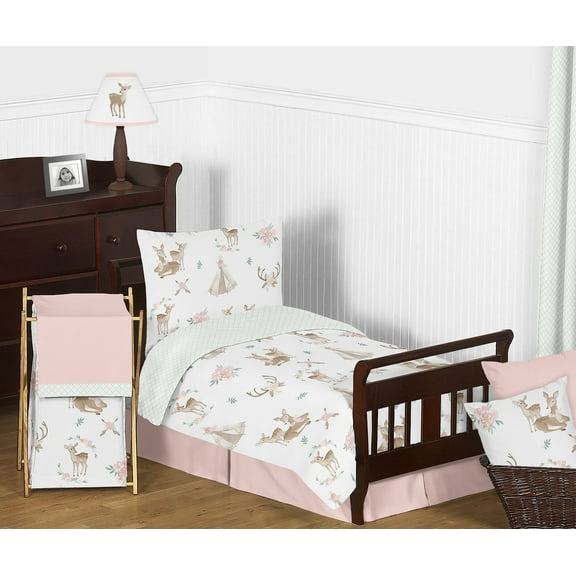 Sweet Jojo Designs Deer Floral White Taupe and Pink Toddler Bed Comforter 5 Piece Bedding Set