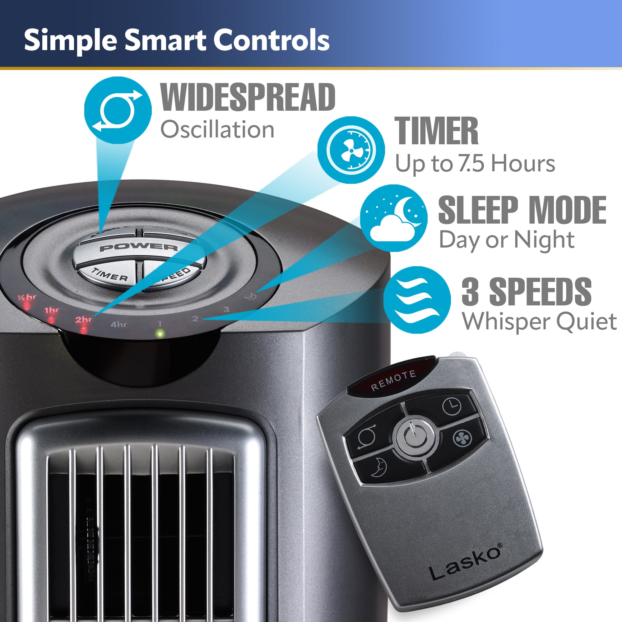 Lasko 52" 3-Speed Adjustable Oscillating Remote Controlled Pedestal Tower Fan, Gray, 2535