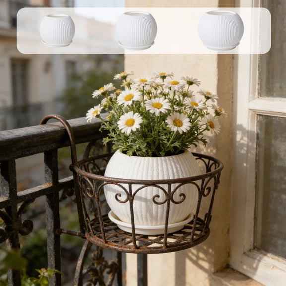 Plastic Flower Pot with Drainage Tray, White Striped Planter for Indoor Outdoor Plants, Succulents, Flowers, 6 Inch Lightweight Decorative Pot