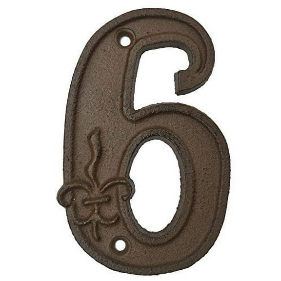 Lulu Decor, Cast Iron House Number 6 Antique Brown Finish with Fleur De Lis (# 6)