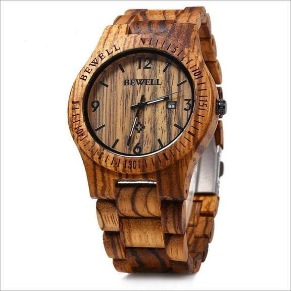 Bewell W086B Mens Wooden Watch Analog Quartz Lightweight Handmade Wood Wrist Watch Brown