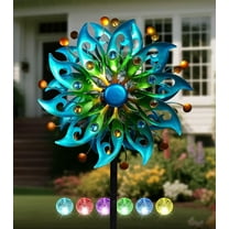 MY.Solar Wind Spinners Outdoor – H63xW13 Metal Kinetic Garden Spinner with Crackle Glass Ball & Built-in Solar Panel – Peacock-Style Yard Wind Sculpture with LED Light