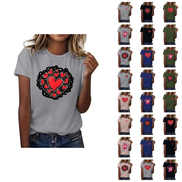 T-shirts de la Saint-Valentin pour Femmes 2026 Mode Manches Courtes Col Rond Cœur Graphique