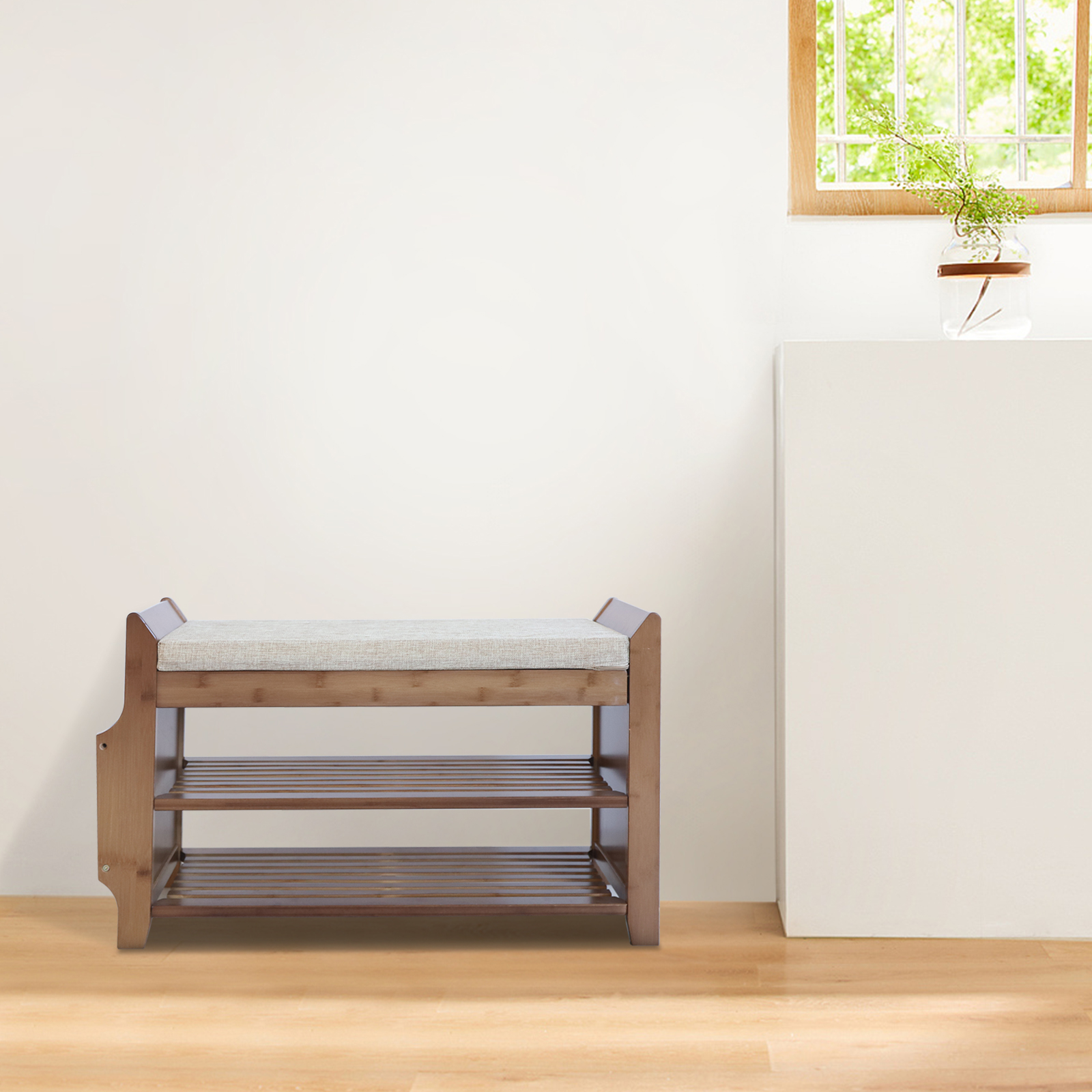 ANQIDI 2 Tier Shoe Rack Bench, Boot Organizer Bamboo Cushion Storage Shelf w/Soft Seat for Hallway Entryway