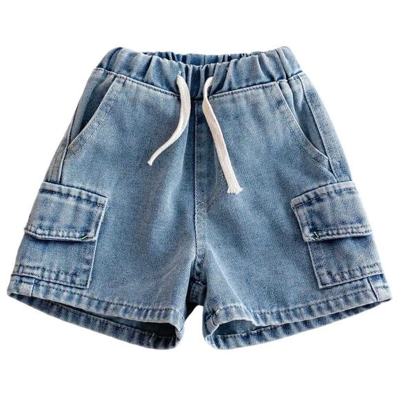 LIBRCLO Jean Shorts for Boys Size 5-6 Years with Multiple Pockets Drawstring Casual Denim Cargo Shorts Blue