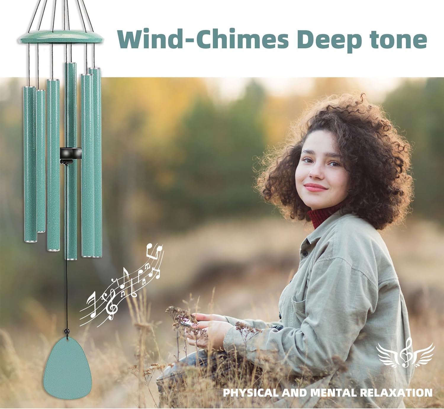 Wind-Chimes-Outdoor-Deep-Tone, Large Soothing Melodic Tones Windchimes, Wind Chimes for Outside, Memorial Wind Chimes Best Gift for Mom Women Grandma Neighbors(32" Cyan Coated Aluminum)