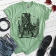 thumbnail image 2 of Dracula Hiking T-shirt, Unisex Women's Men's, Dracula Vampire Hiking Hiker Mountains Transylvania, Heather Apple Green, Small, 2 of 6