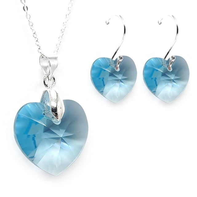 Juego de aretes y cadena con dije en forma de Corazón, plata mexicana ley .925, Aqua