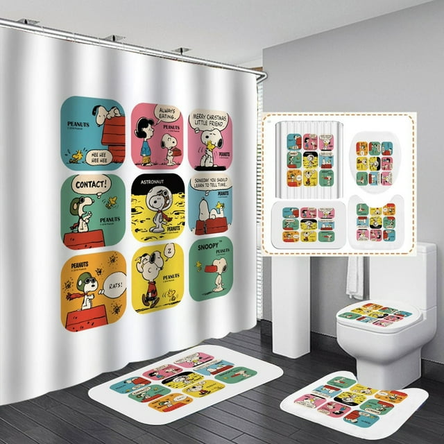 Juego de cortinas de ducha Snoopys Anime, impermeables, con alfombra y tapete