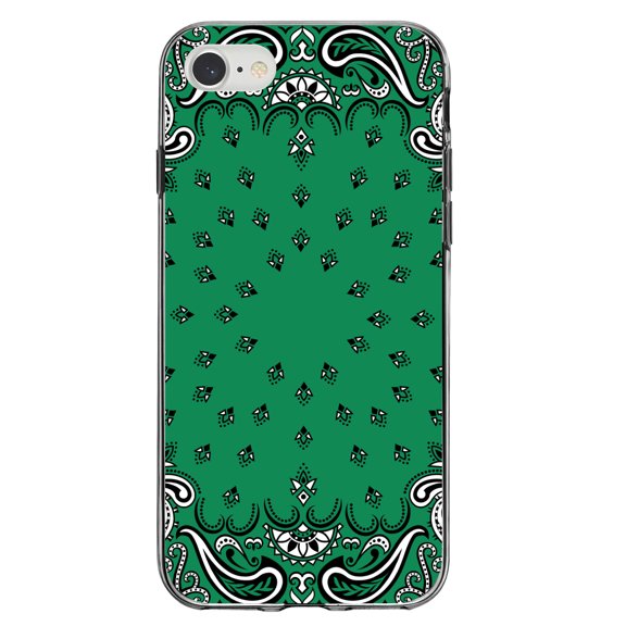 DistinctInk Clear Shockproof Hybrid Case for iPhone 7 8 SE (2020 Model) 4.7" Screen TPU Bumper Acrylic Back Tempered Glass Screen Protector - Bandana Print - Green, Black, White