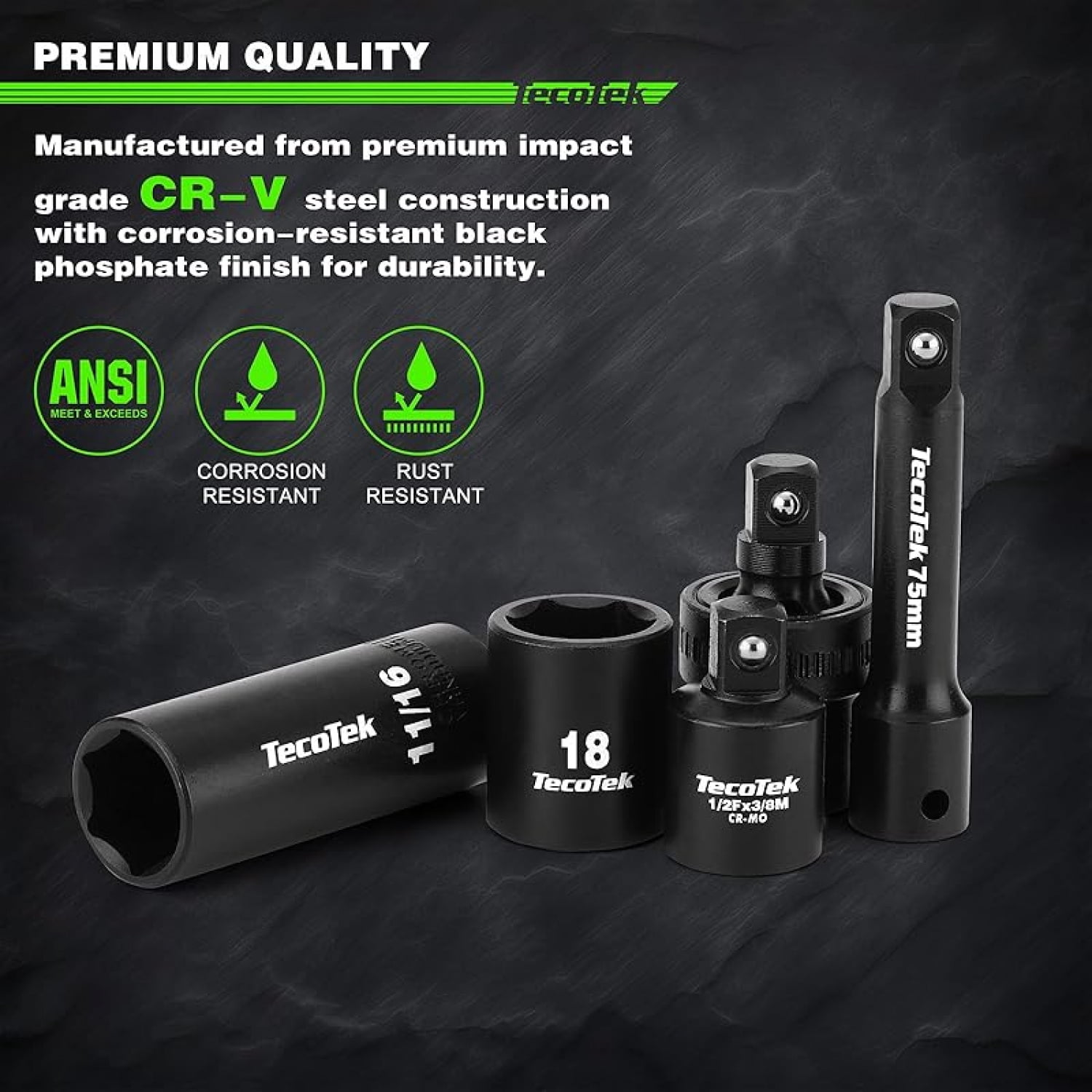 3/8" Drive Impact Socket Set, 49-Piece Standard SAE (5/16"-3/4") and Metric (8mm-22mm), 6 Point, Cr-V, Extension Bars, 1/2" F to 3/8" M Reducer, Universal Joint and Power Drill Adapter