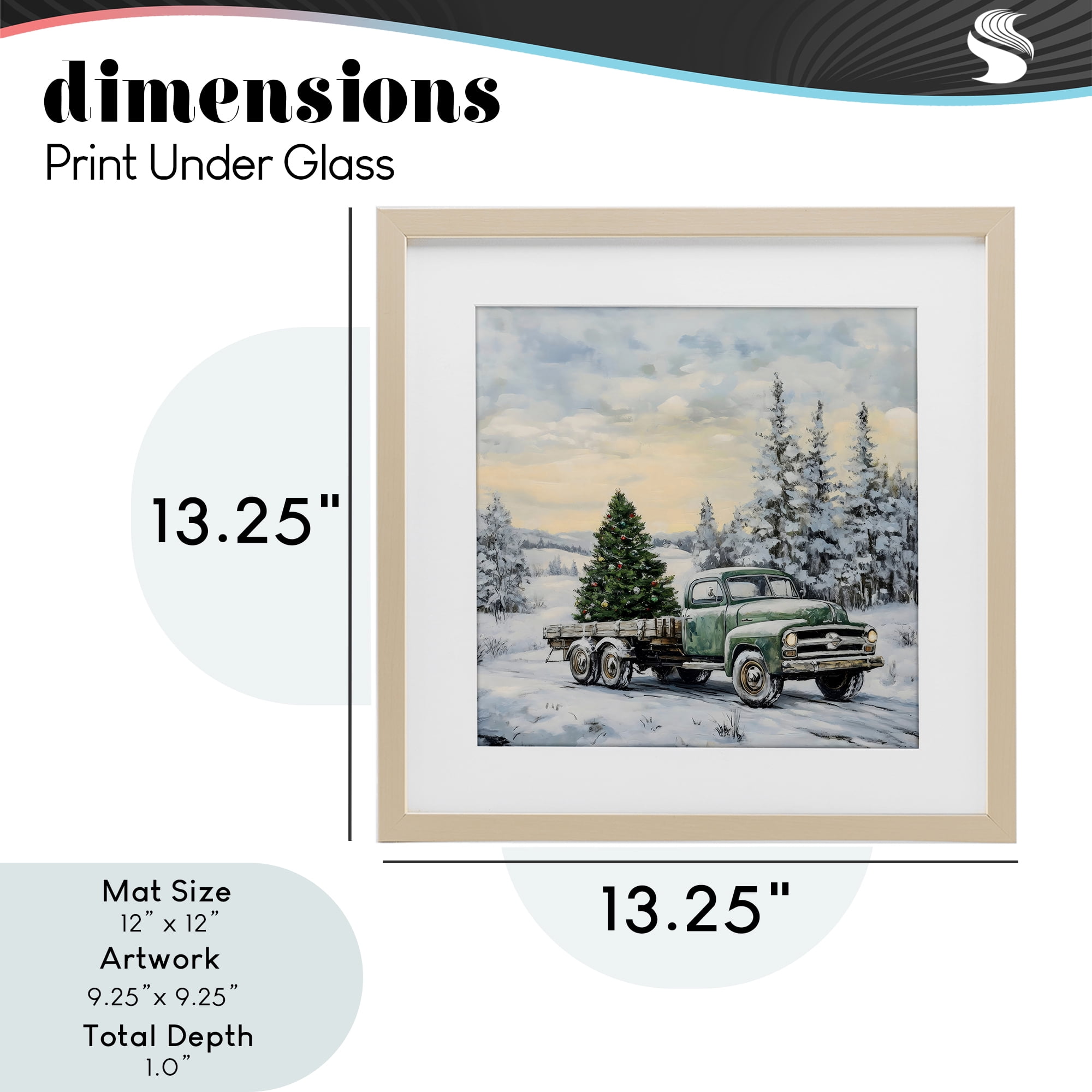 Green Christmas Tree Truck Birch Framed Print Under Glass, design by Petal Prints Design
