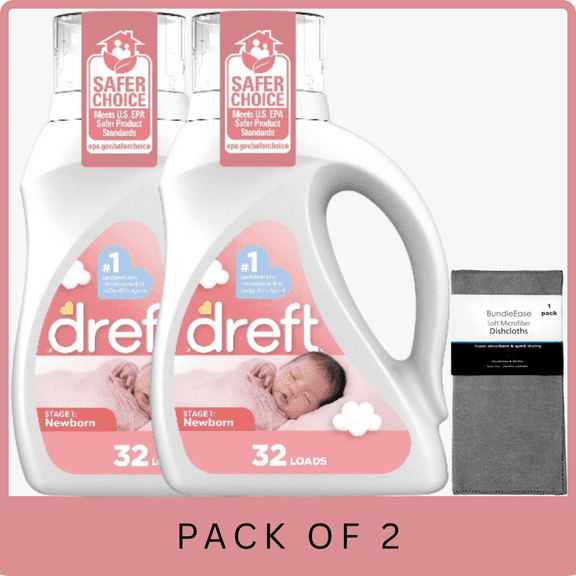 Dreft Newborn Baby Laundry Detergent, Hypoallergenic, 46 fl oz with Microfiber Solid Color Towel by BundleEase