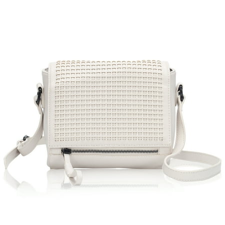 Zippered Faux Leather Purse - Faux Leather Crossbody Bag Purse Flapover Shoulder Bag for Women White