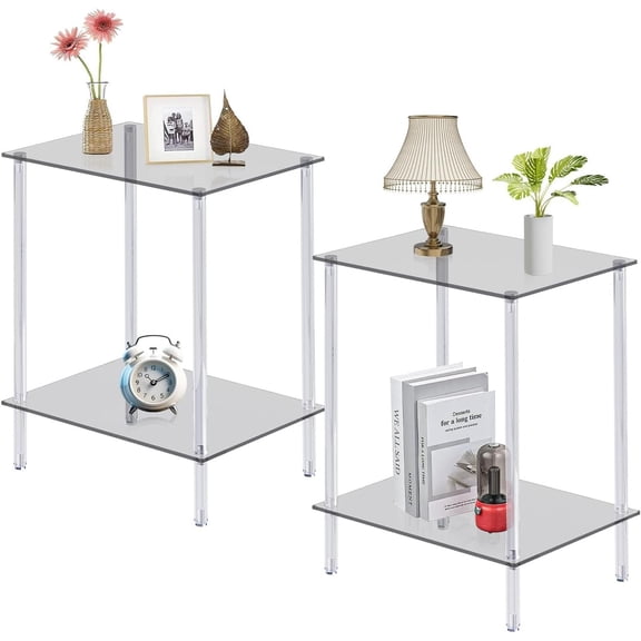 Acrylic Glass Simplicity Side Tables with 2 Shelve End Table Bedside Set of 2