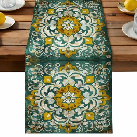 Abstract Colorful Flower Table Runner Vintage Boho Floral Cotton Linen Table Cloth Tablerunner for Kitchen Dining Party Wedding Home Decor 13x70 Inch