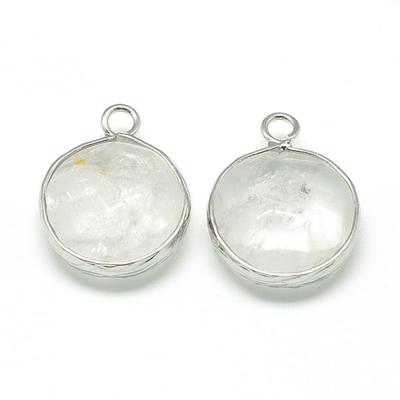 20 pc Natural Quartz Pendants Rock Pendants with Brass Findings Faceted Flat Round Platinum Clear 19~21x15~16x6~7mm Hole: 2mm