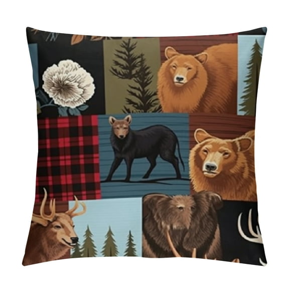 SHERONV Plaid Bear Cabin Throw Pillow Covers  Rustic Farmhouse Camper Decorative Square Pillow Cases for Bed Sofa, Hunting Deer Woodland Lodge Pillow Covers, Wildlife Cowboy Cushion Covers 12x12in