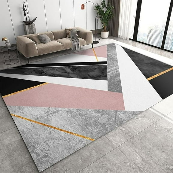 Pink Gold Abstract Geometry Area Rugs, Grey White Pink Black Marble Easy Clean Rug, Soft Non-Skid Carpet Throw Rug For Kids Teen Girls Boys Bedroom Living Room Bathroom Office 1x2ft