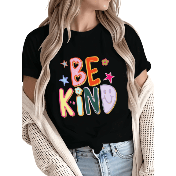 Women Be Kind Retro Smile Graphic Fun Tees Tops Round Neck Cotton T-Shirt Black S-5XL