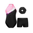 thumbnail image 3 of iiniim Girls Ballet Dance Outfits 3PCS Shiny Rhinestone Halter Neck Gymnastics Leotard with Athletic Shorts Set 6-14 A Black&Pink 14, 3 of 7