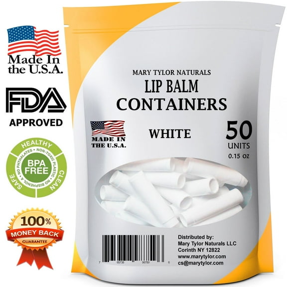 Lip Balm Container Tubes, 50 White, Made in USA Round Tubes, 0.15 oz FDA Approved, 100% BPA Free with White Caps by Mary Tylor Naturals, for DIY Lipstick homemade Lip Balm (50, white)