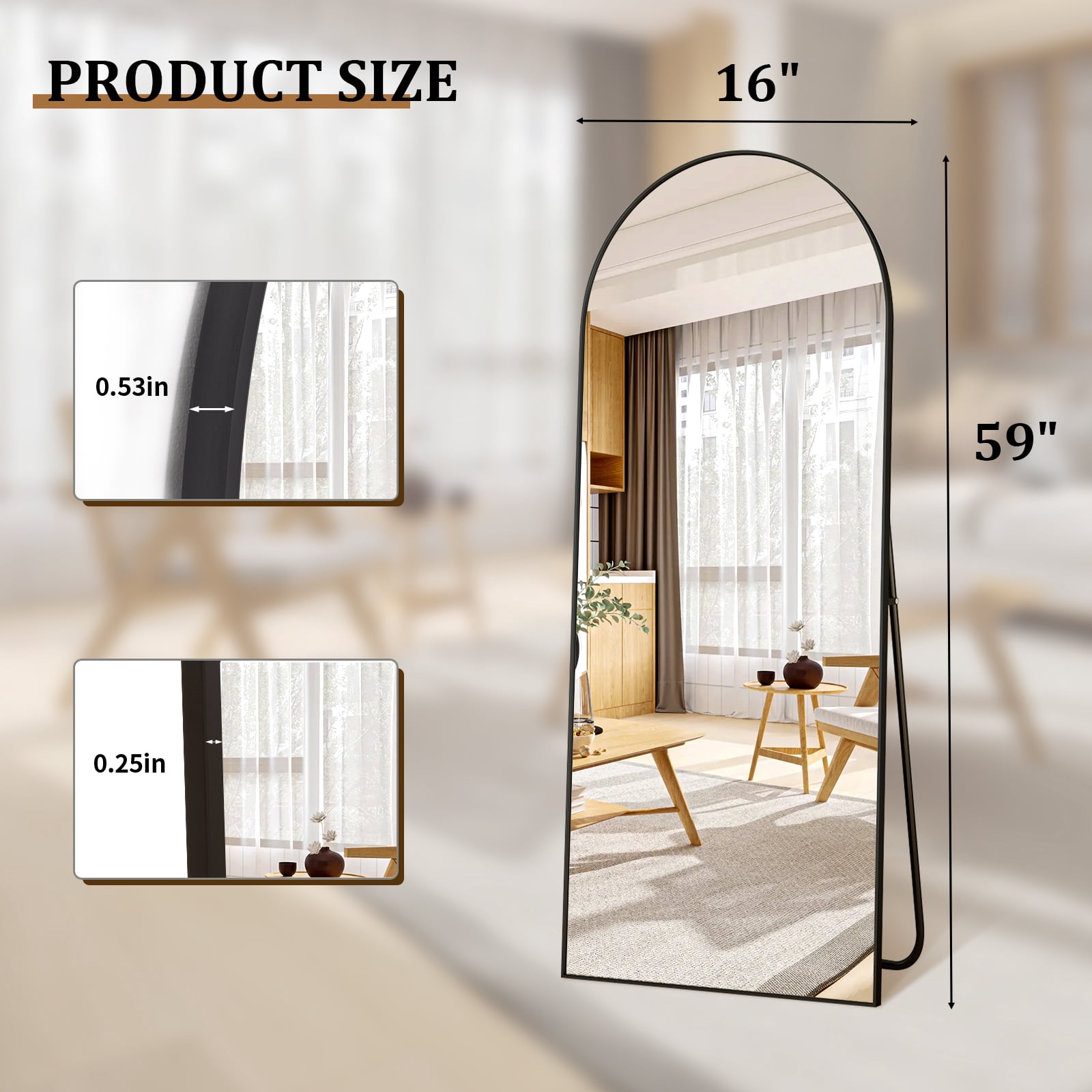 AUROMIR 59"x16" Arched Full Length Mirror Floor Mirror Full Body Standing Mirror, Black