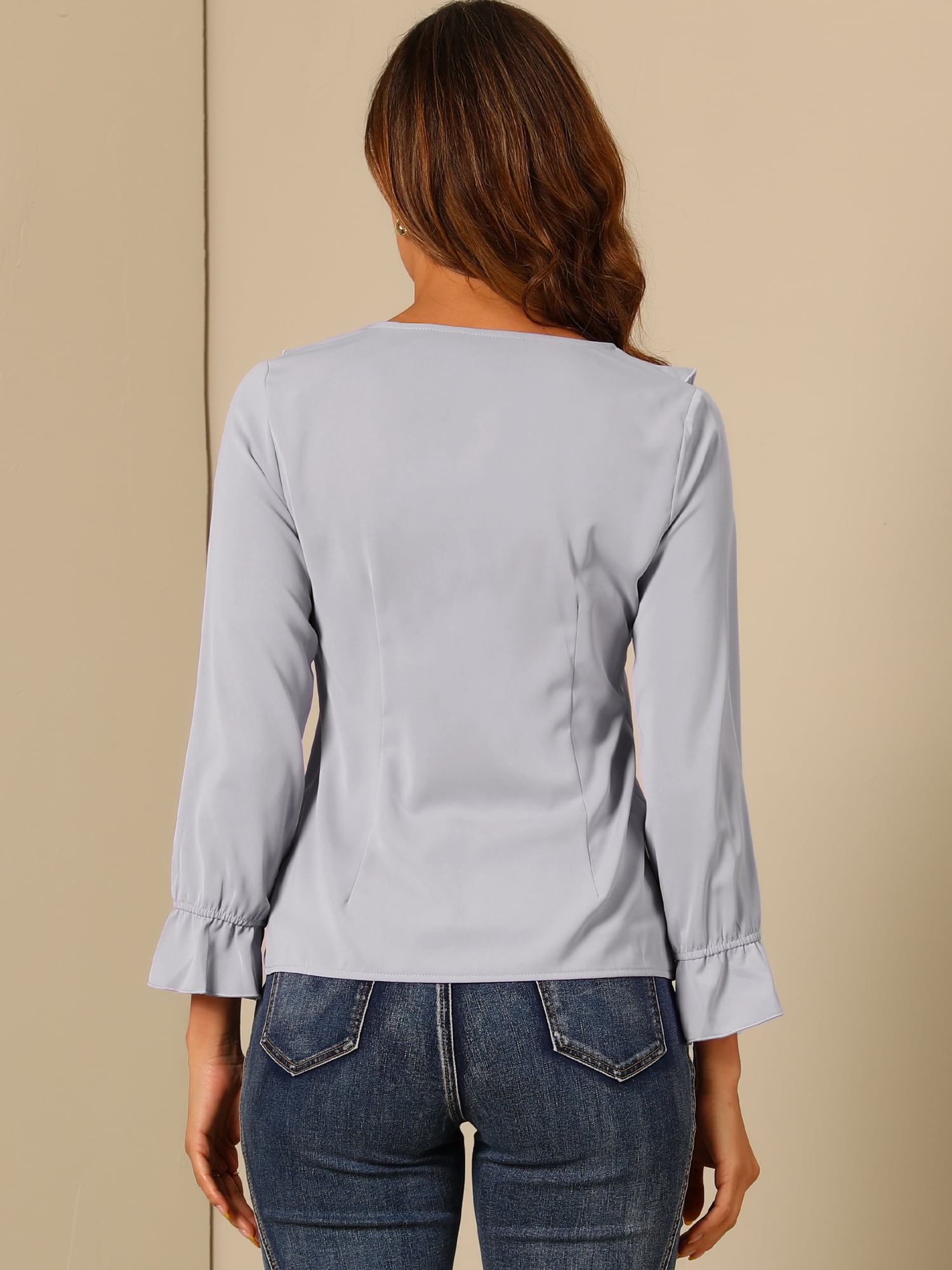 DARING DIVA Women's Ruffle V Neck Chiffon Peasant Blouse S Light Grey