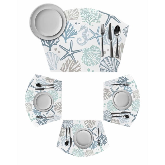 Aqua Teal Coastal Wedge Shaped Placemats Set of 4, Cotton Linen Fan Place Mats, Summer Beach Starfish Coral Nautical Washable Table Mats for Holiday Wedding Party Dinning Coffee Tables 11.8"x17.5"