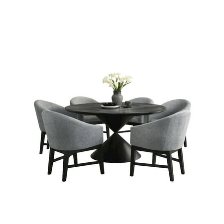 Lilola Home 7Pc 59" Round Ebony Black Pedestal Dining Set with Table Base Barrel Chairs