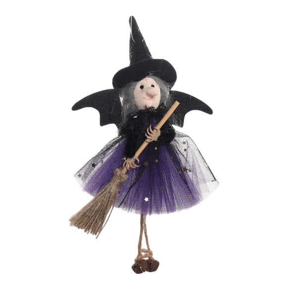 Witch Halloween Decorations 9.5 Inch Purple Hanging Witch Figurine with Broom Cute Spooky Indoor Halloween Decor for Home Party Mantel Window Display 1 Pack