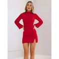 thumbnail image 4 of Vestido de Mujer con Mangas Largas Cruzadas, Volantes, Dobladillo Ajustado, Abertura, Cuello Medio Alto, Falda Corta, Cintura Ajustada. Rojo XL, 4 of 9