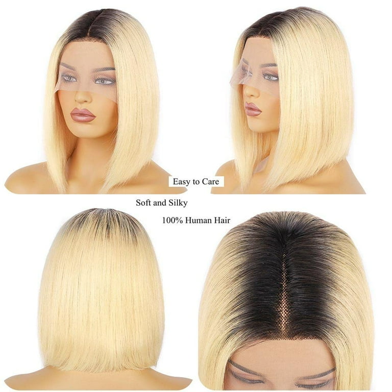 1B 613 Blonde Bob Wig Human Hair Ombre Black to Blonde 13x5x2 HD