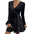 thumbnail image 2 of BAETEUY Women Dress V Neck Lace-up Tight Waist Sequin Decor A-line, 2 of 8