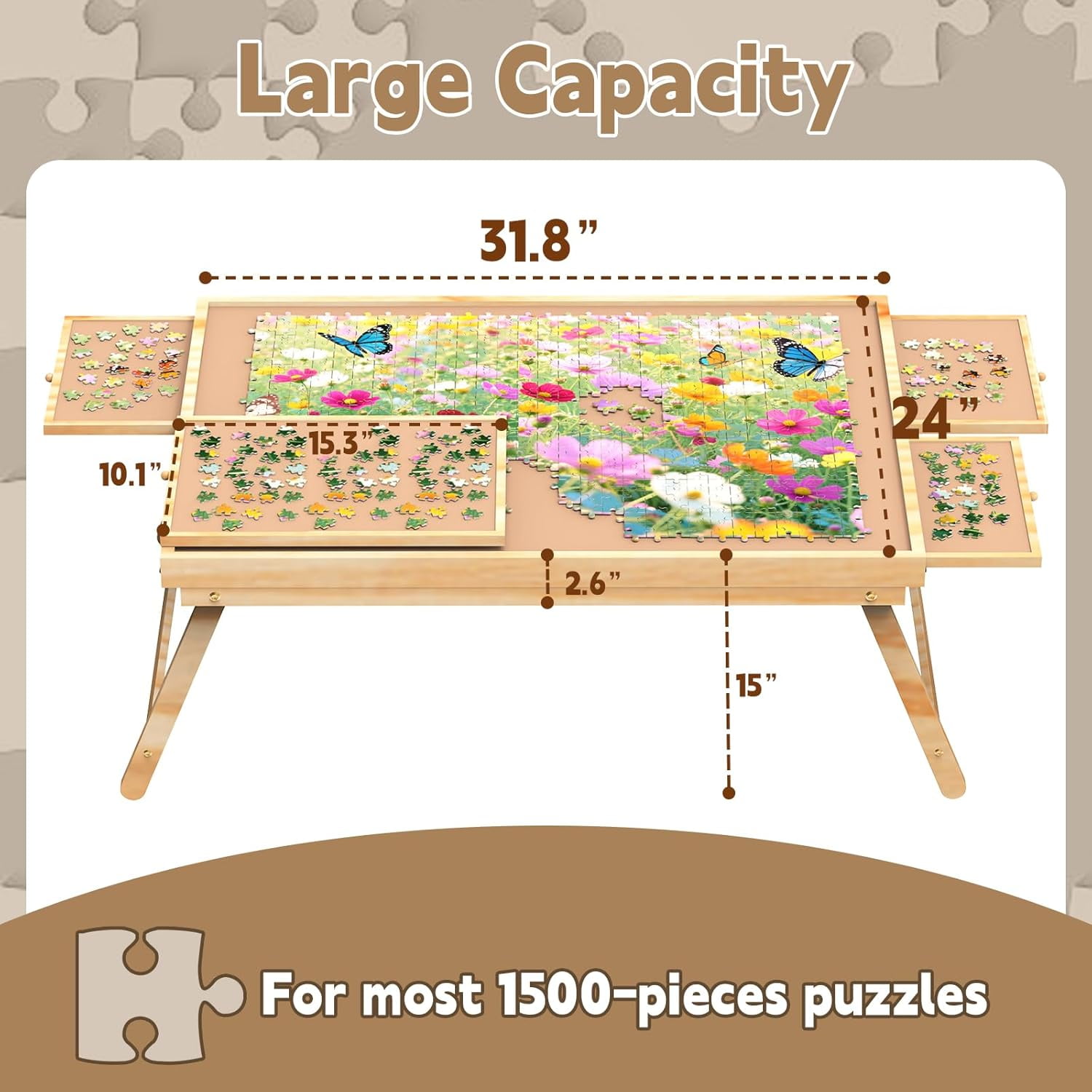 1000 Pieces Puzzle Table, Portable Jigsaw Puzzle Board for Adults with 4 Drawers and Cover, Natural
