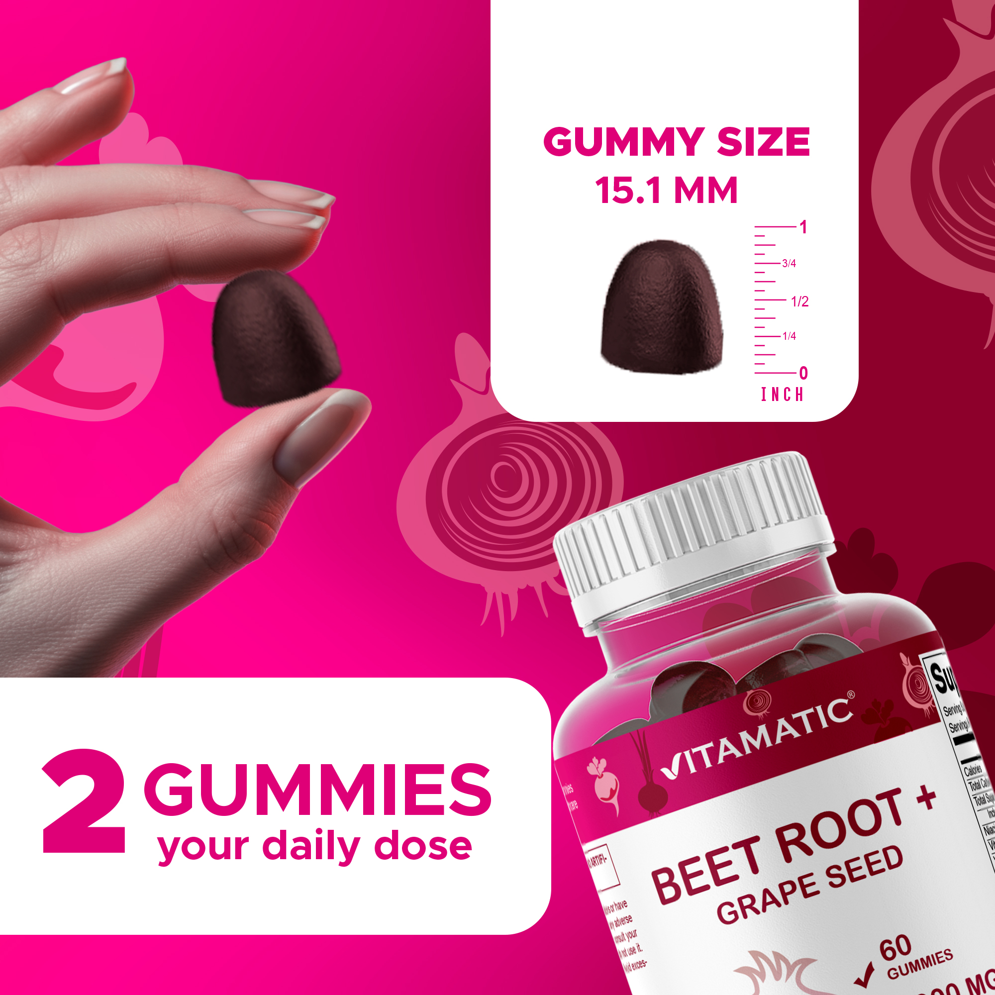 (3 pack) Vitamatic Beet Root Gummies 3000 mg Equivalent Per Serving - 60 Gummies - Made with Vitamin B6, B12, Grape Seed, Pomegranate & Nicotinamide