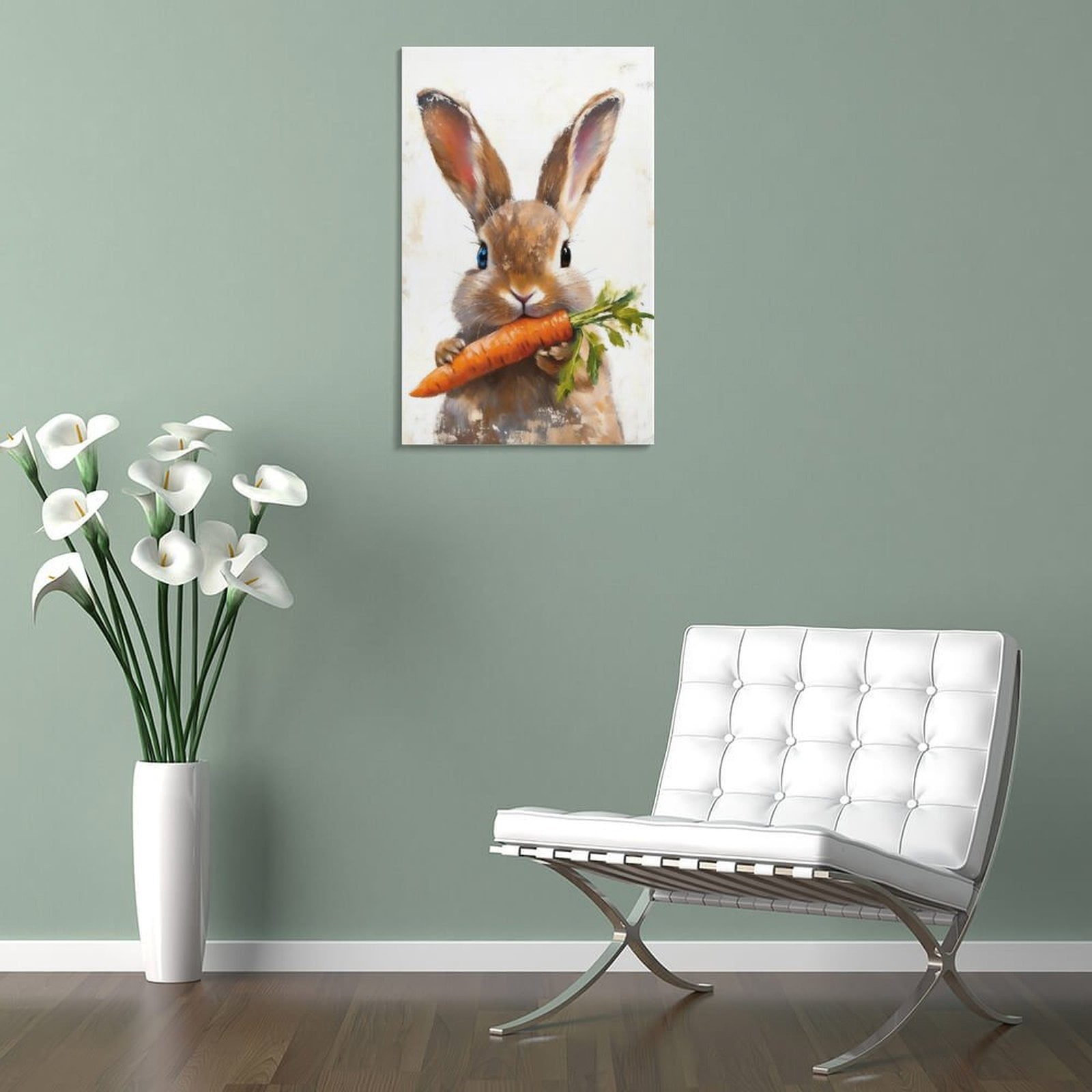 Framed Vintage Rabbit Canvas Wall Art, Cute Easter Bunny with Carrot Pictures Wall Decor, Spring Farmhouse Animal Paintings Prints Cottagecore Home Decor for Living Room kitchen Nursery