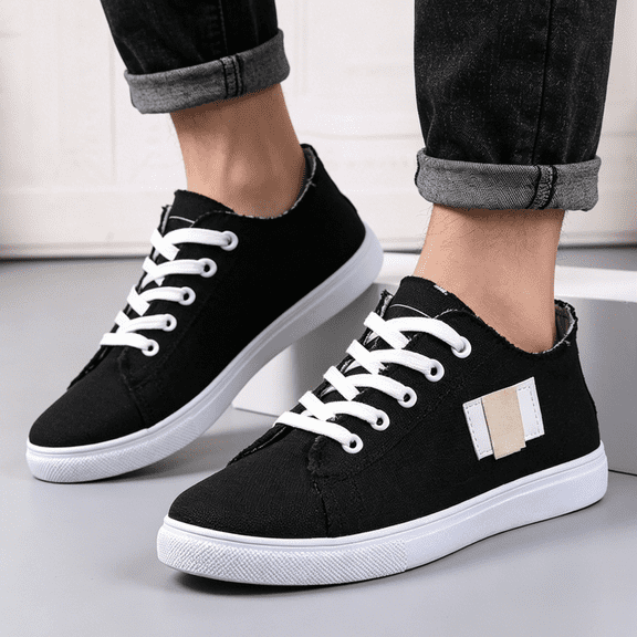 HTHLVMD Fringed Canvas Shoes, Stripe Patch Sneakers, Women's White Canvas Shoes Black Canvas Fashion Sneakers for Women Comfortable Casual Tennis Shoes Low Top Walking Shoes, Black 5