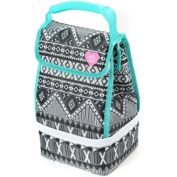 Arctic Zone Dual Compartment Lunch Bag Plus with Microban® Protected Easy Clean Lining, Black and White Aztec